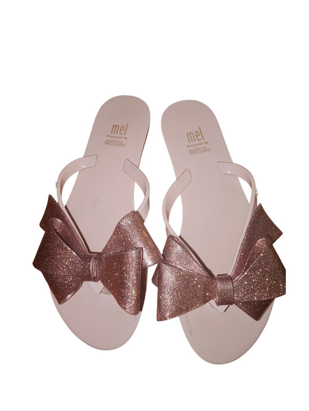 Mel by Melissa Rose Gold Glitter Bow Jelly Flip Flops